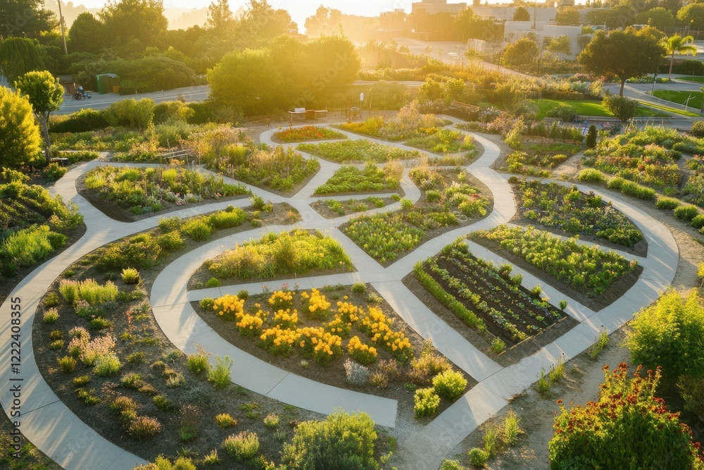 aerial perspective of vibrant community garden with geometric plots, blooming flowers, and winding paths, bathed in golden morning light aerial perspective of vibrant community garden with geometric plots, blooming flowers, and winding paths, bathed in golden morning light