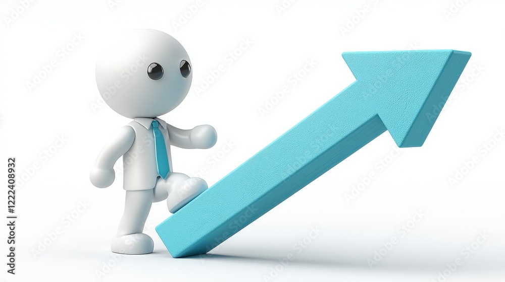 A character in a suit confidently steps onto an upward arrow, embodying themes of achievement, growth, and reaching new heights in a professional setting. A character in a suit confidently steps onto an upward arrow, embodying themes of achievement, growth, and reaching new heights in a professional setting.