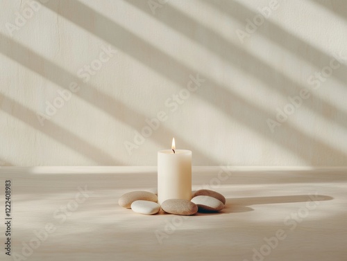 Tranquil Minimalist Decor Single Lit Candle and Stones for Spiritual Retreats and Meditation Spaces - Enhance Serenity with Simple Elegant Design photo