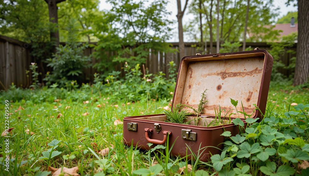 Forgotten suitcase in overgrown grass, symbols of neglect and time Forgotten suitcase in overgrown grass, symbols of neglect and time