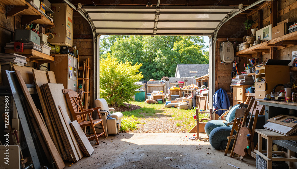 Fototapeta premium Cluttered garage interior in afternoon light, chaos and neglect