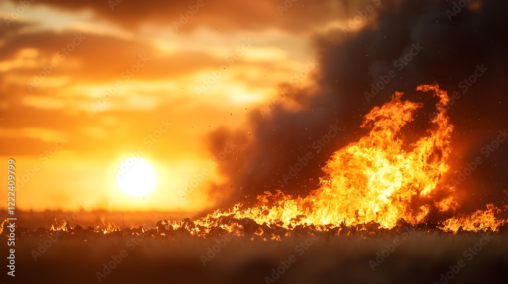 Naklejka premium Intense Flames Engulfing Dry Grass Under Dramatic Sunset Sky