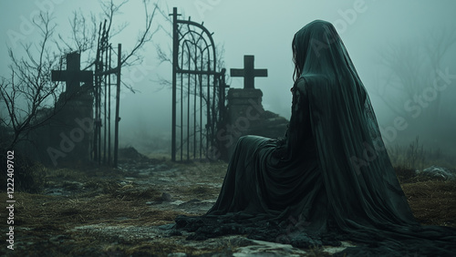 Mysterious figure cloaked in black gazes at foggy cemetery gates in the eerie twilight hours