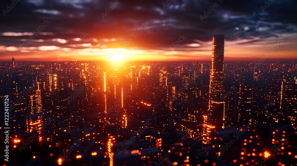 Fototapeta premium Sunset Over Urban Skyline with Dramatic Clouds and Reflections