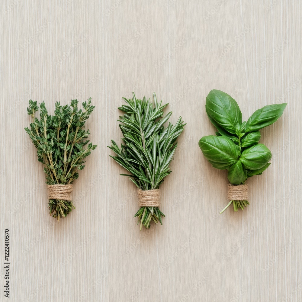 Minimalist Herb Styling Fresh Basil, Rosemary, and Thyme Bundles on Natural Wooden Surface - Culinary Therapy for Wellness Kitchens and Mindful Eating Spaces Minimalist Herb Styling Fresh Basil, Rosemary, and Thyme Bundles on Natural Wooden Surface - Culinary Therapy for Wellness Kitchens and Mindful Eating Spaces