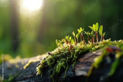 Close up view of tree bark with vibrant moss and new growth in a forest setting photo