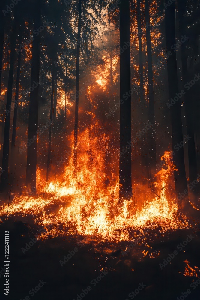 Wildfire in a dense forest, orange flames generating ash and dust particles, contributing to natural causes of PM pollution in the environment. Wildfire in a dense forest, orange flames generating ash and dust particles, contributing to natural causes of PM pollution in the environment.