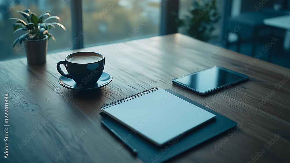 Coffee Break Inspiration: A cup of steaming coffee, a sleek tablet, and a blank notebook await, set against a backdrop of natural wood and a verdant plant. Coffee Break Inspiration: A cup of steaming coffee, a sleek tablet, and a blank notebook await, set against a backdrop of natural wood and a verdant plant.