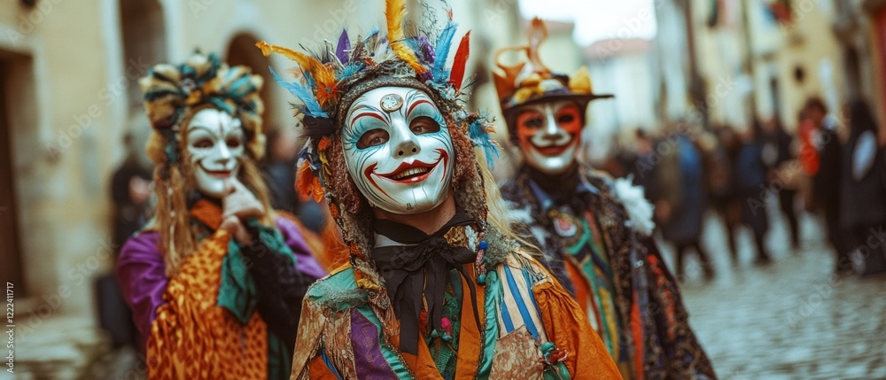 Fototapeta premium Colorful costumed characters parade joyfully through a cobblestone street during a vibrant festival, celebrating tradition and community.