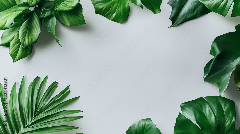 Fototapeta premium Tropical leaves border frame on white background