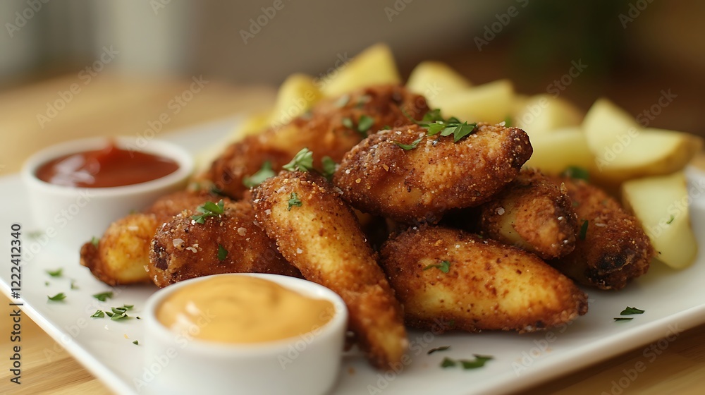 Fried chicken wings with potatoes and ketchup on a plate. Fried chicken wings with potatoes and ketchup on a plate.