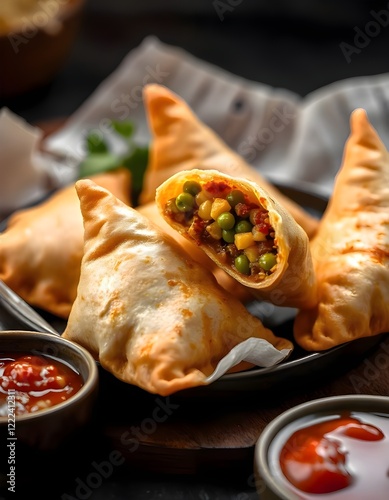 A Traditional Indian Samosa, Deep-fried Pastry Filled With Spiced Potatoes And Peas, Served With Tamarind Chutney
