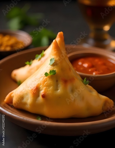 A Traditional Indian Samosa, Deep-fried Pastry Filled With Spiced Potatoes And Peas, Served With Tamarind Chutney