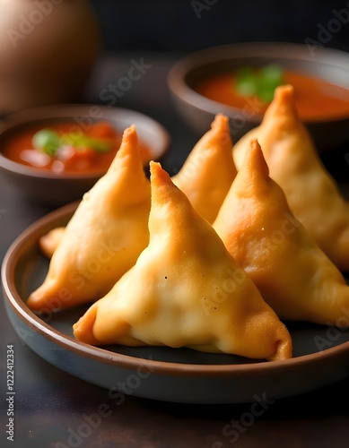 A Traditional Indian Samosa, Deep-fried Pastry Filled With Spiced Potatoes And Peas, Served With Tamarind Chutney