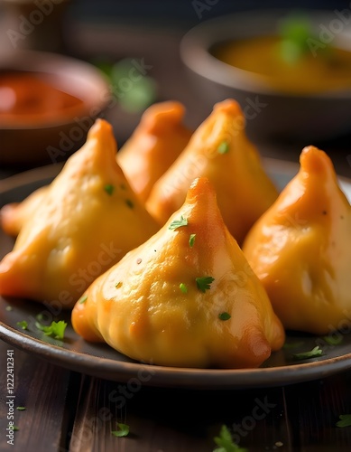 A Traditional Indian Samosa, Deep-fried Pastry Filled With Spiced Potatoes And Peas, Served With Tamarind Chutney