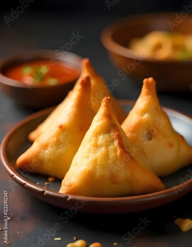 A Traditional Indian Samosa, Deep-fried Pastry Filled With Spiced Potatoes And Peas, Served With Tamarind Chutney