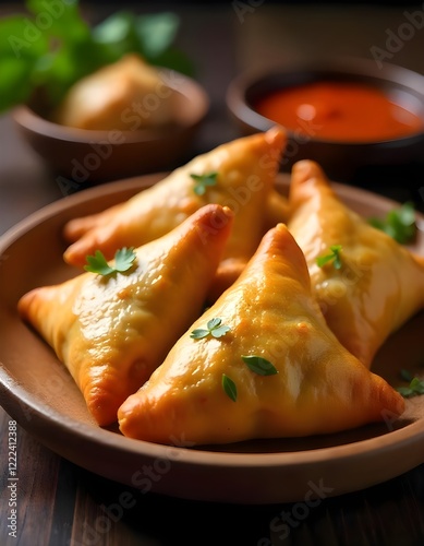 A Traditional Indian Samosa, Deep-fried Pastry Filled With Spiced Potatoes And Peas, Served With Tamarind Chutney