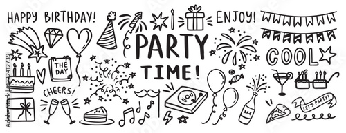 party happy birthday doodle hand drawn icon set. Outline drawing sketch Birthday decoration, gift box, party hat, cake line clipart symbol collection