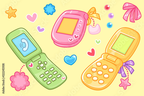 Y2k retro mobile phones set on yellow background - closed pink device, green flip phone, orange message gadget with buttons. Nostalgic electronic devices decorated with pastel hearts, bows, flowers.