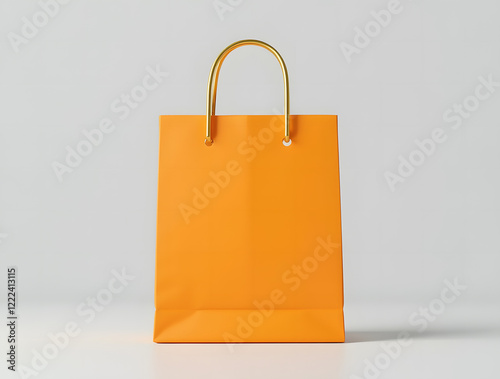 Bright orange shopping bag with gold handles on light grey background is a versatile template for showcasing branding or product design. Stylish and minimalistic look.