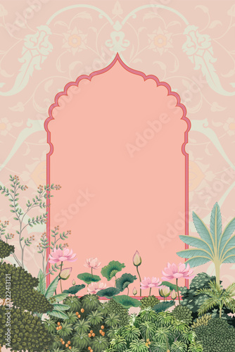 Mughal ethnic pattern, arch, palm tree, lotus flowers, illustration for wedding invitation