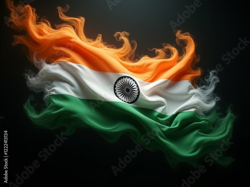 Indian flag waving dynamically against a dark background