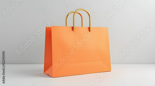 Bright orange shopping bag with gold handles on light grey background is a versatile template for showcasing branding or product design. Stylish and minimalistic look.