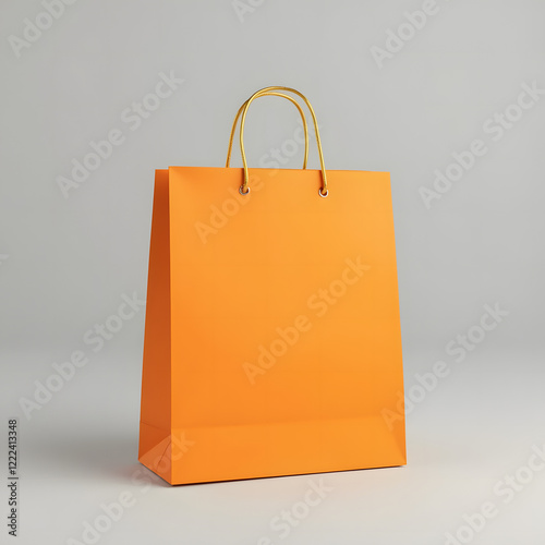 Bright orange shopping bag with gold handles on light grey background is a versatile template for showcasing branding or product design. Stylish and minimalistic look.