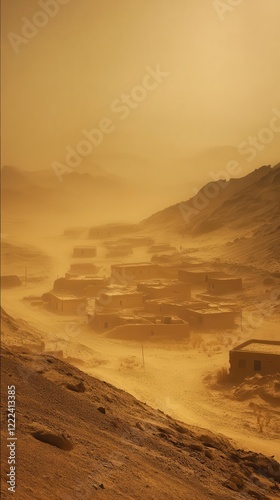 A remote village completely obscured by dust storms in arid terrain, representing climate-induced migration challenges photo