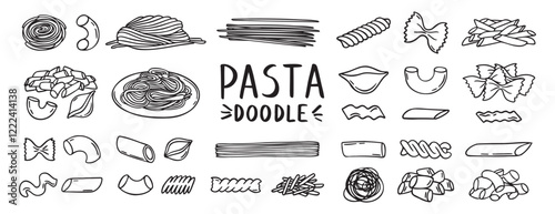 Pasta, spaghetti, vermicelli, macaroni feathers, horns, shells, butterflies doodle hand drawn icon set. Outline drawing wheat dough food line clipart symbol collection