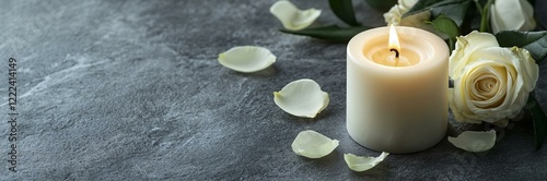 White candle with a rose and flower petals on grey stone panoramic background with copy space funeral services web banner
