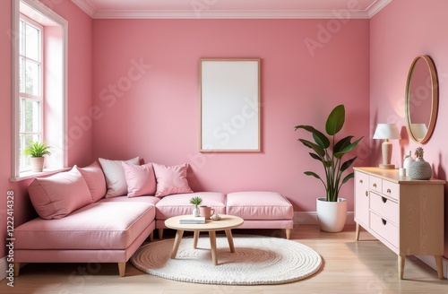 The cozy living room features a stylish pink couch complemented with a charming coffee table, creating a warm and inviting atmosphere