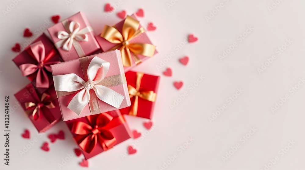 St valentine day background with giftboxes, decorated with ribbons and hearts St valentine day background with giftboxes, decorated with ribbons and hearts