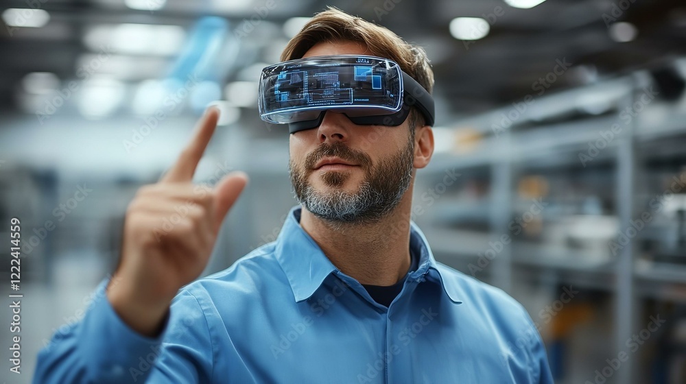 Portrait Of Caucasian Male Engineer Wearing Augmented Reality Headset Controlling Autonomous Production At Electronics Factory. Portrait Of Caucasian Male Engineer Wearing Augmented Reality Headset Controlling Autonomous Production At Electronics Factory.
