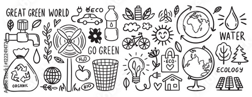 recycle eco friendly and green world concept doodle hand drawn icon set. Outline drawing recycle eco friendly line clipart symbol collection