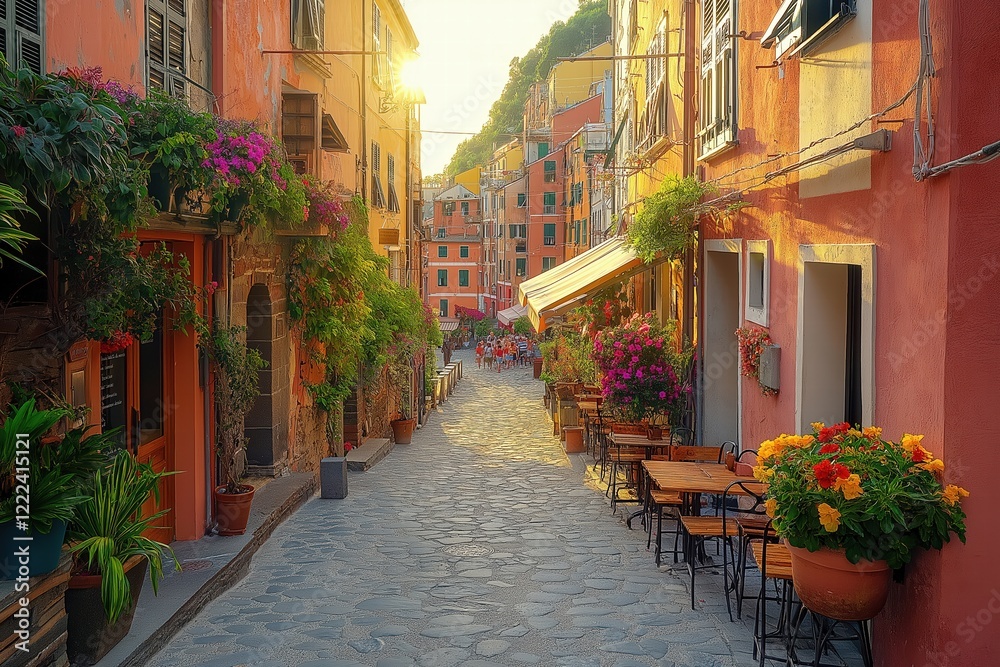 Obraz premium Warm sunlight illuminating picturesque street in manarola, cinque terre