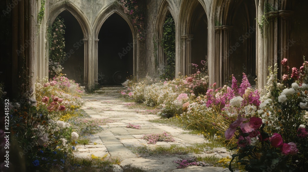 Fototapeta premium Stone Archway Pathway Flower Garden Blooms
