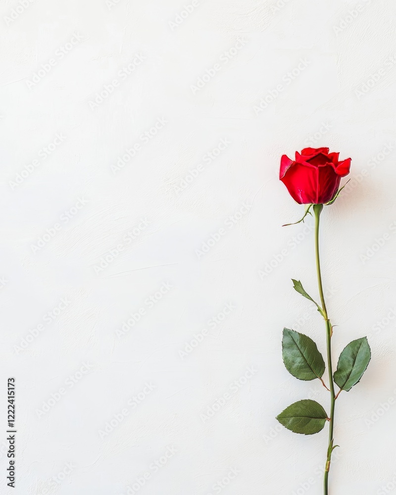 Fototapeta premium A striking red rose stands upright against a bright white backdrop, showcasing its vibrant petals and green leaves.