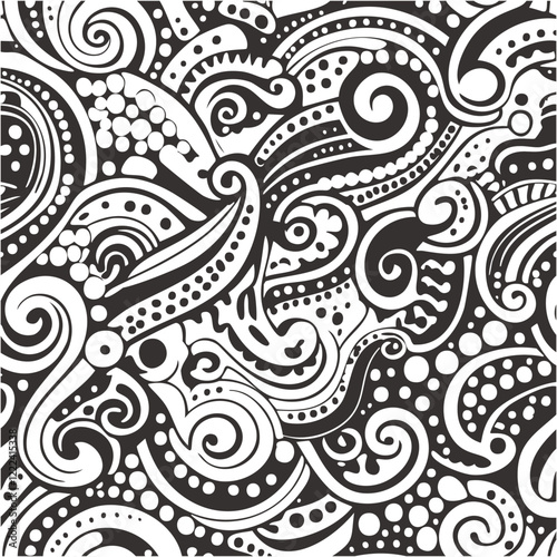 Illustration Dessin Abstrait Lignes, Gribouillis, Pop Design, Couleurs Noir et Blanc, Entrelacs, Courbes, Vagues, Nature