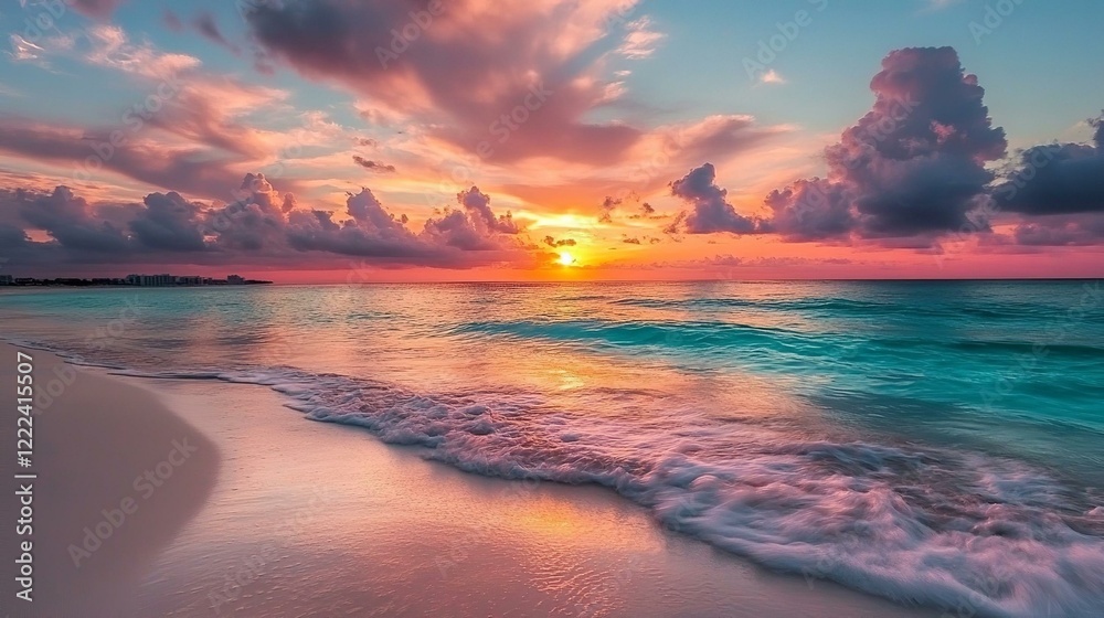 Fototapeta premium Breathtaking sunrise illuminating a tranquil Cancun shoreline with vibrant reflections over turquoise waters