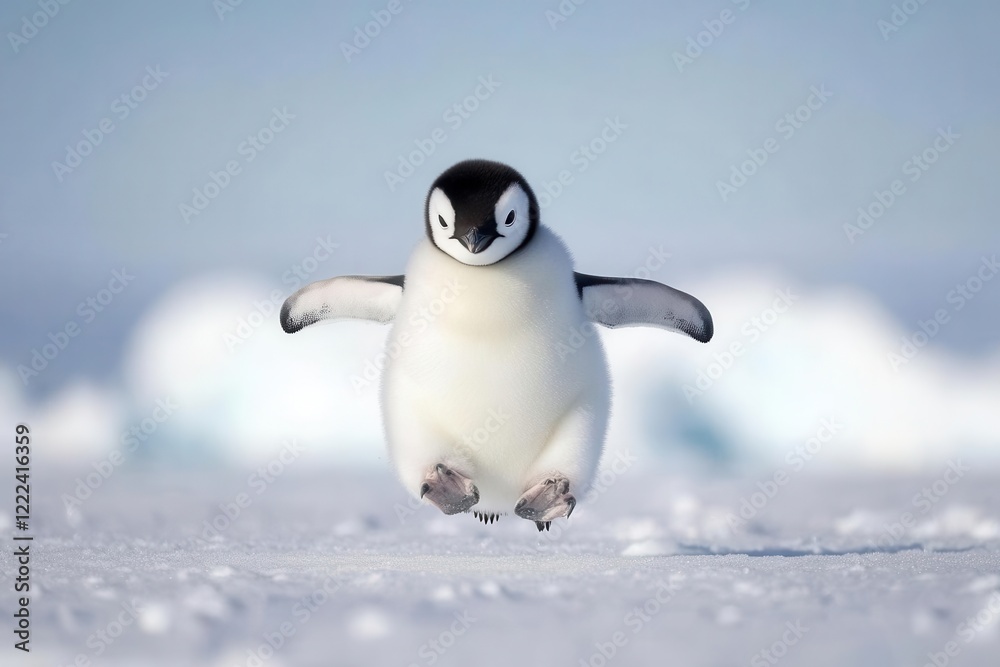 Fototapeta premium arctic penguin mid-leap against pristine snowy landscape, crystalline ice formations and pale blue sky creating magical winter scene