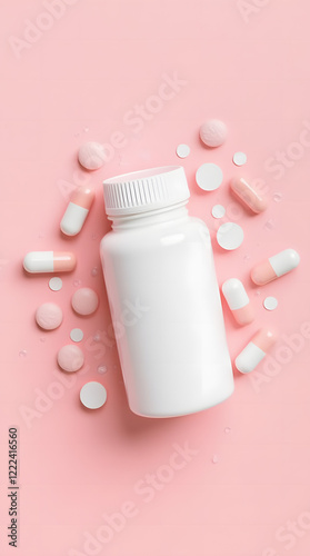 Minimalistic composition: a white bottle with tablets among pastel pink and white capsules on a soft pink background.