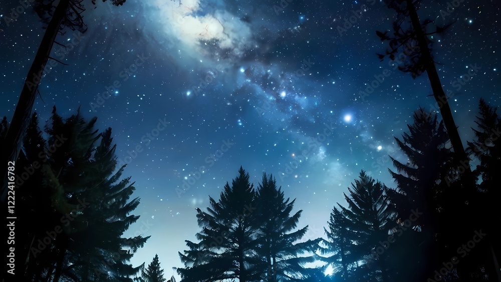 美しい青の星空と森のシルエット自然風景壁紙