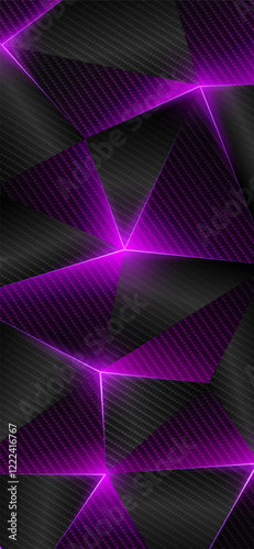 Carbon fiber low poly background. Abstract geometric smartphone wallpaper, bright shining lines, triangle. Gray purple low poly triangles background. Polygonal futuristic style. Vector illustration