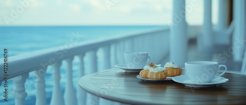 Elegant tea setting on a wooden balcony table with pastries, overlooking serene ocean waves under a soft morning light.