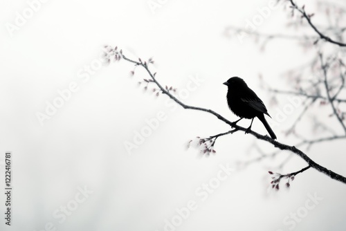 A single bird perched on a bare tree branch in the middle of a dense fog, its faint outline creating a sense of stillness and solitude