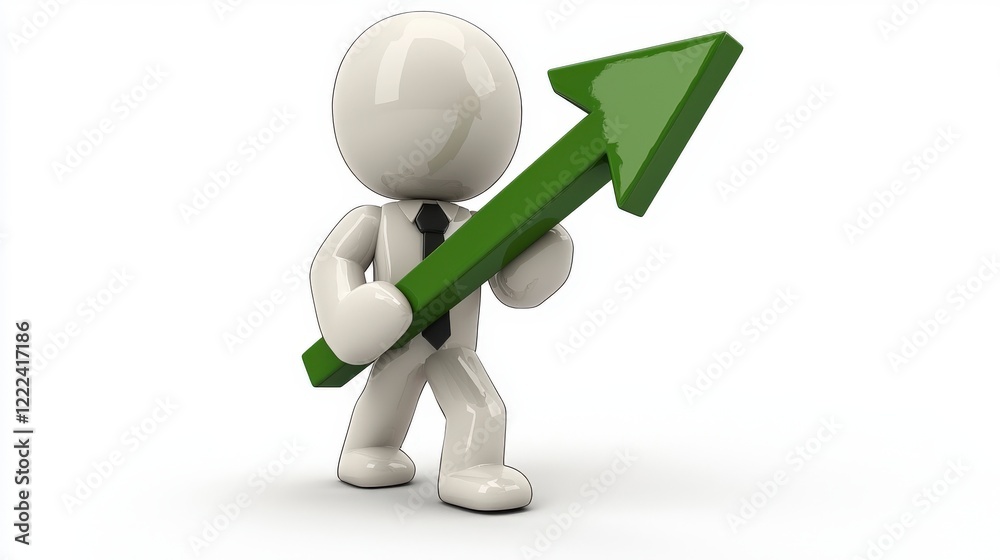 A stylized character represents business growth with a green upward arrow. Ideal for concepts of success, motivation, and financial progress in business. A stylized character represents business growth with a green upward arrow. Ideal for concepts of success, motivation, and financial progress in business.