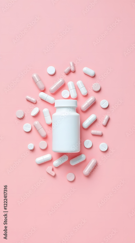 Minimalistic composition: a white bottle with tablets among pastel pink and white capsules on a soft pink background.