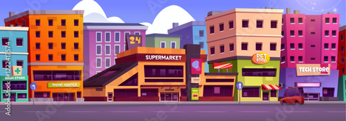 Shopping street scene illustration. Colorful urban buildings with various stores - supermarket, drugstore, tech shop, pet store and travel agency. Modern city view with bright facades, signboards, car