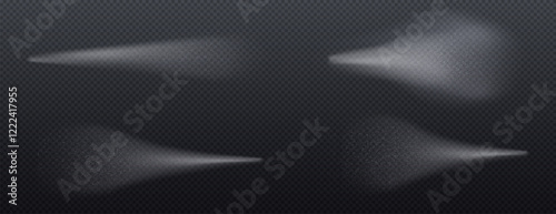 Vector water spray mist collection - realistic transparent dispersed droplets, foggy white splashes, different shapes and densities of aerosol clouds on dark background for cosmetic product effects.